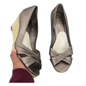 Cole Haan Nike Air Silver Metallic Wedge Peep Toe Sandals Women's Size 8